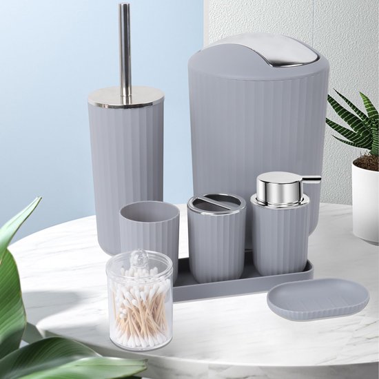 FEILANDUO Badkameraccessoiresets compleet, 8 stuks badkameraccessoireset met prullenbak, zeepdispenser, zeepschaal, tandenborstelhouder, tandenborstelbeker, toiletborstel en Qtip-houders, kaptafel