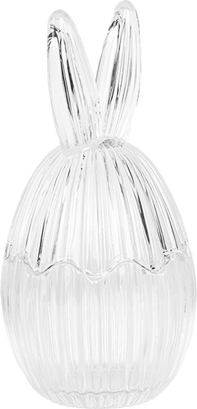 Oeuf de Pâques en verre transparent avec oreilles de lapin, fermé.
