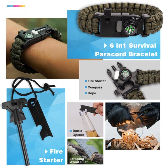 Groene paracord armband met zwarte gesp, kompas en vuurstarter.