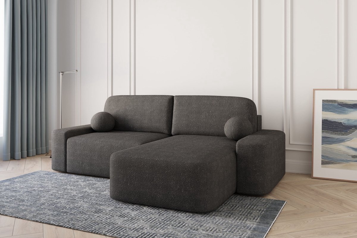 Lisbon Hoekbank - Slaapfunctie - Opbergruimte - L-Vorm - Bedstee - 260x88x170 cm - Bouclé - Zwart ( Anthology 19)