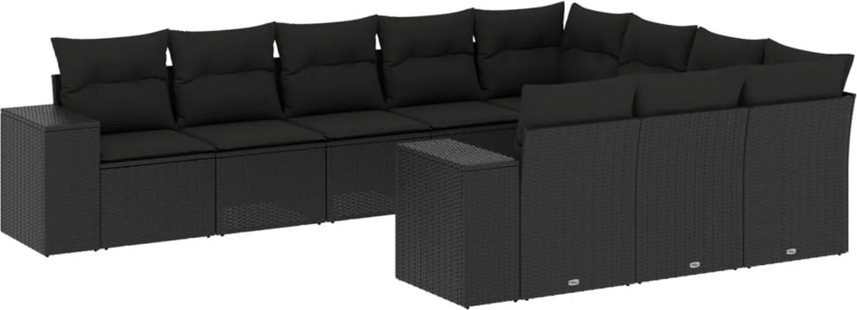 The Living Store 10-delige Loungeset met kussens poly rattan zwart - Loungeset - Tuinset - Buitendecoratie - Tuinstoel - Hoekbank