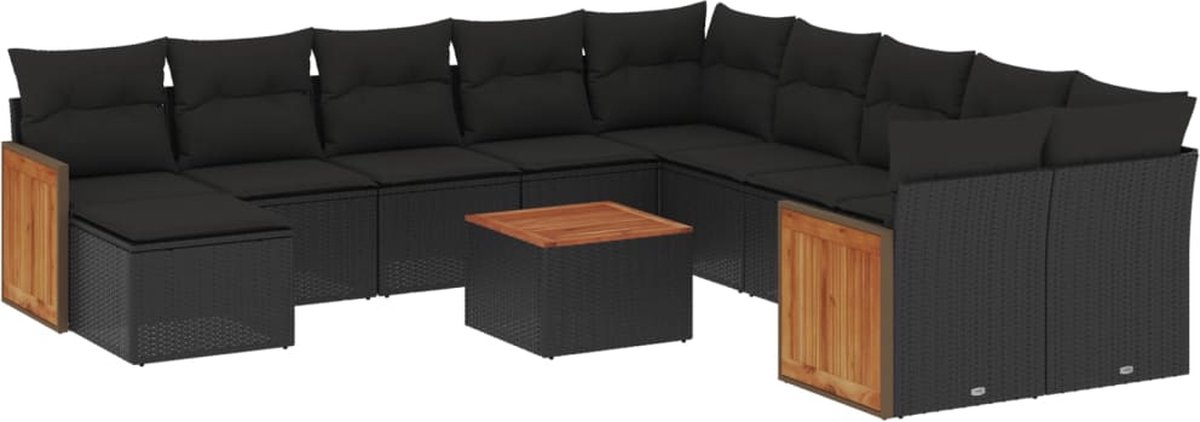 Zwarte poly rattan loungeset met kussens en loungebank - The Living Store.