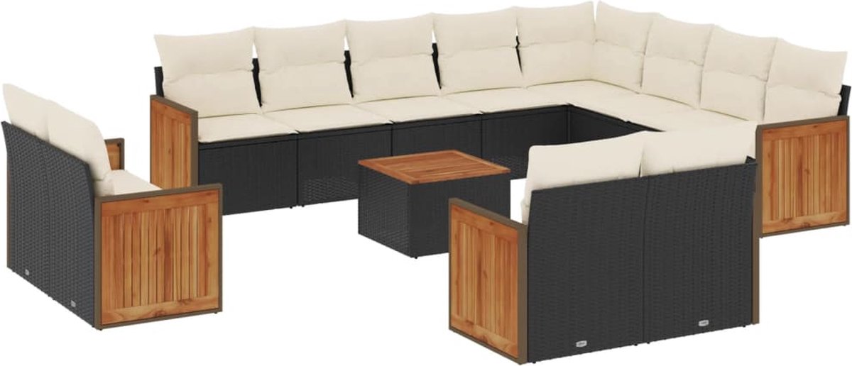 Loungeset met kussens poly rattan zwart - The Living Store