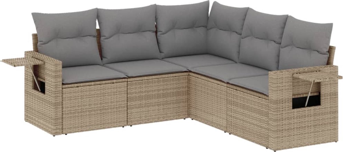 The Living Store 5-delige Loungeset met kussens poly rattan beige - Loungeset - Tuinset - Lounge Set - Buitendecoratie - Tuinmeubels