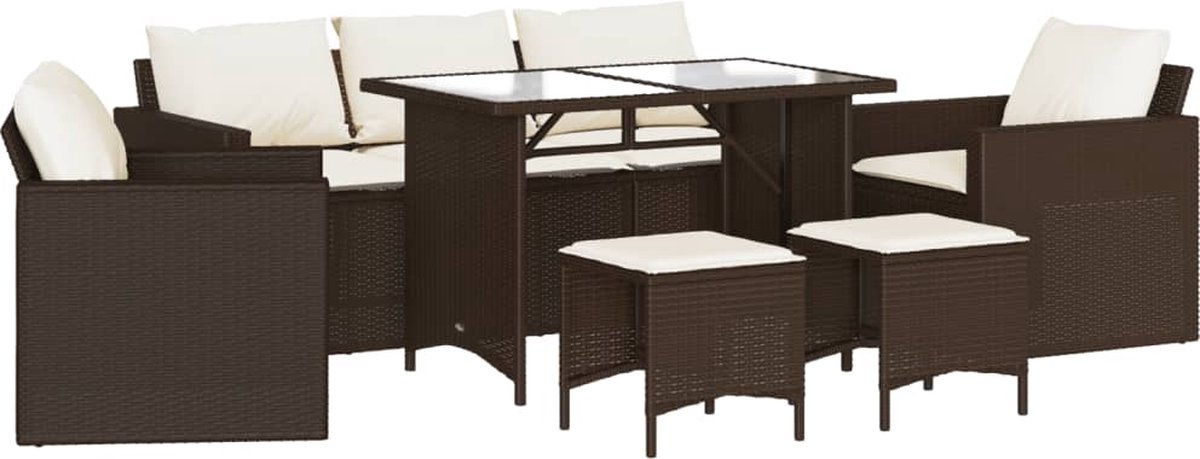 The Living Store 6-delige Loungeset met kussens poly rattan bruin - Tuin Lounge Set - Loungebank - Buitendinerset - Pe Rattan - Aluminium Tuinmeubels