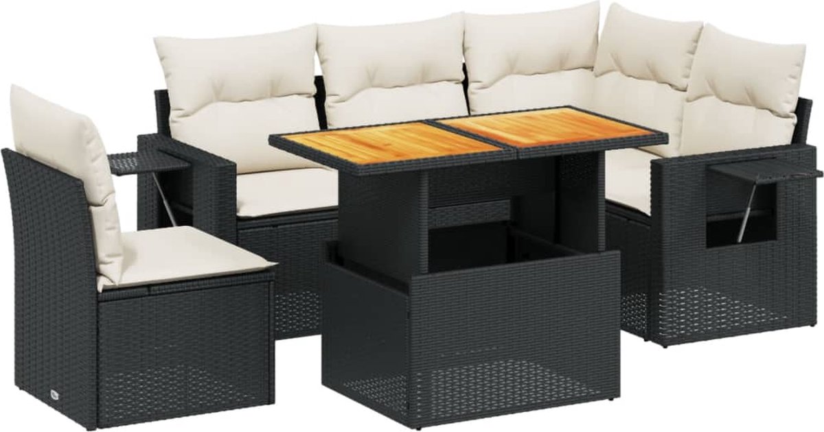 The Living Store 6-delige Loungeset met kussens poly rattan zwart - Loungebank - Tuinset - Lounge Set - Tuinmeubels - Buitendecoratie