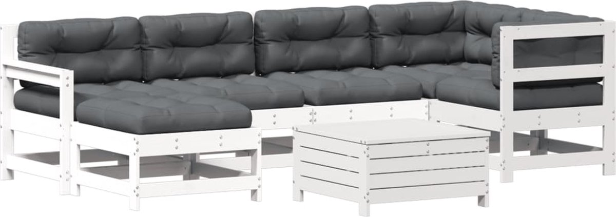Witte massief grenenhouten loungeset met kussens - Tuinmeubilair balkon.