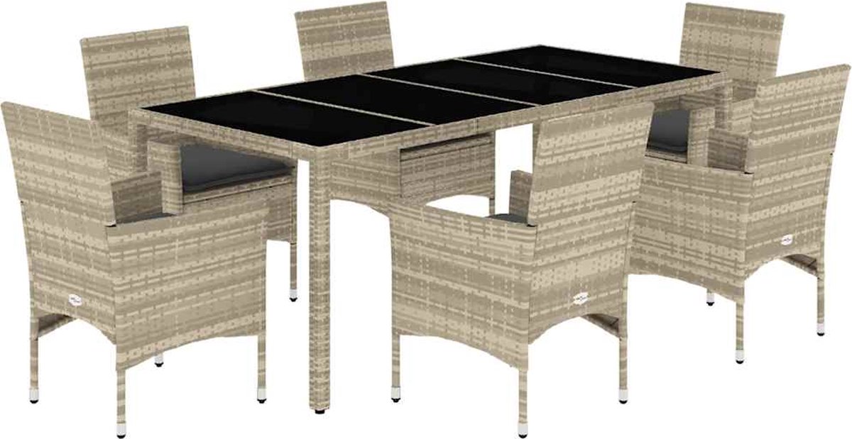 Tuinset met lichtgrijze poly rattan kussens en glazen tafel - Buitenmeubels.