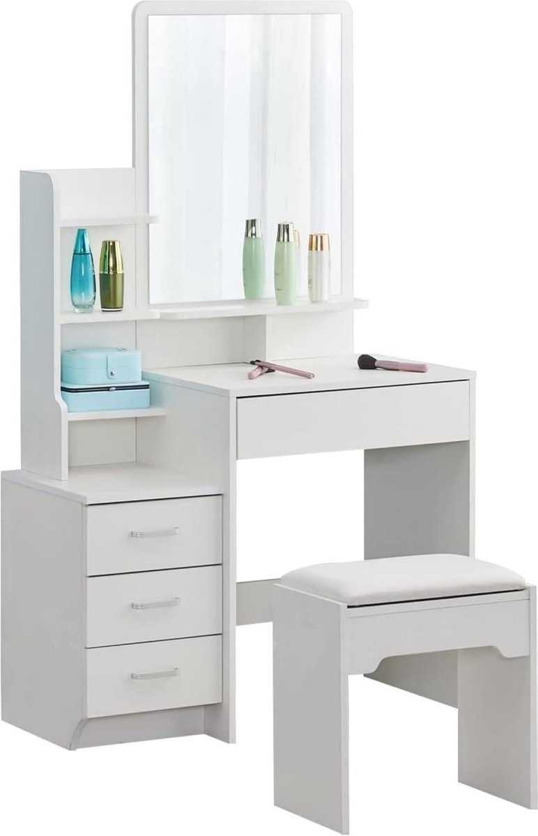 Luxe Kaptafel – Voor Vrouwen & Meisjes – Make Up Tafel – Met Verlichting en Spiegel – Inclusief Kruk – Stijlvol & Functioneel – Wit