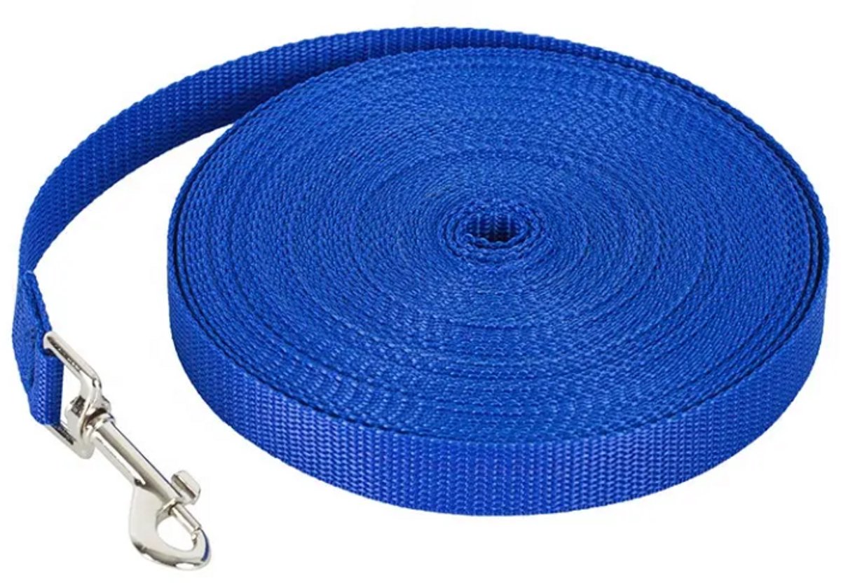 Rieba® Hondenriem 10 meter – Lange Lijn - Trainingslijn – Sleeplijn – Speurlijn - Hondenlijn – Looplijn – Riem Hond - Voor Training en Wandelen – 2 cm Breed – Nylon – Blauw