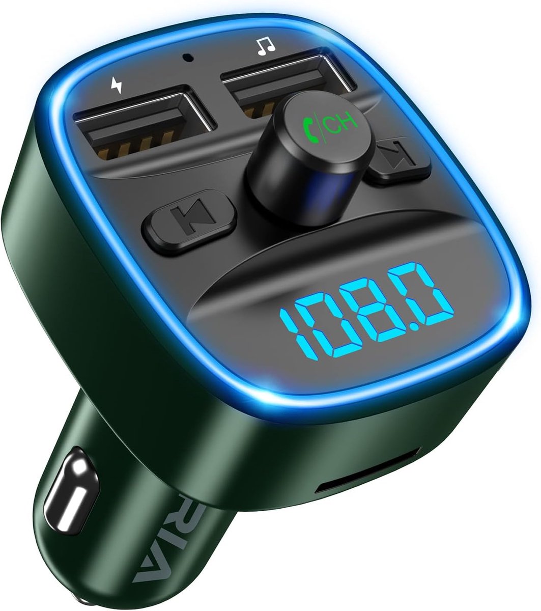 Bluetooth 5.3 FM-zender voor Draadloze Autoradio met 2 USB-oplaadpoorten - Handsfree Auto Radio Adapter - Ondersteunt TF-kaart en USB-stick, Muziek Afspelen in Legergroen