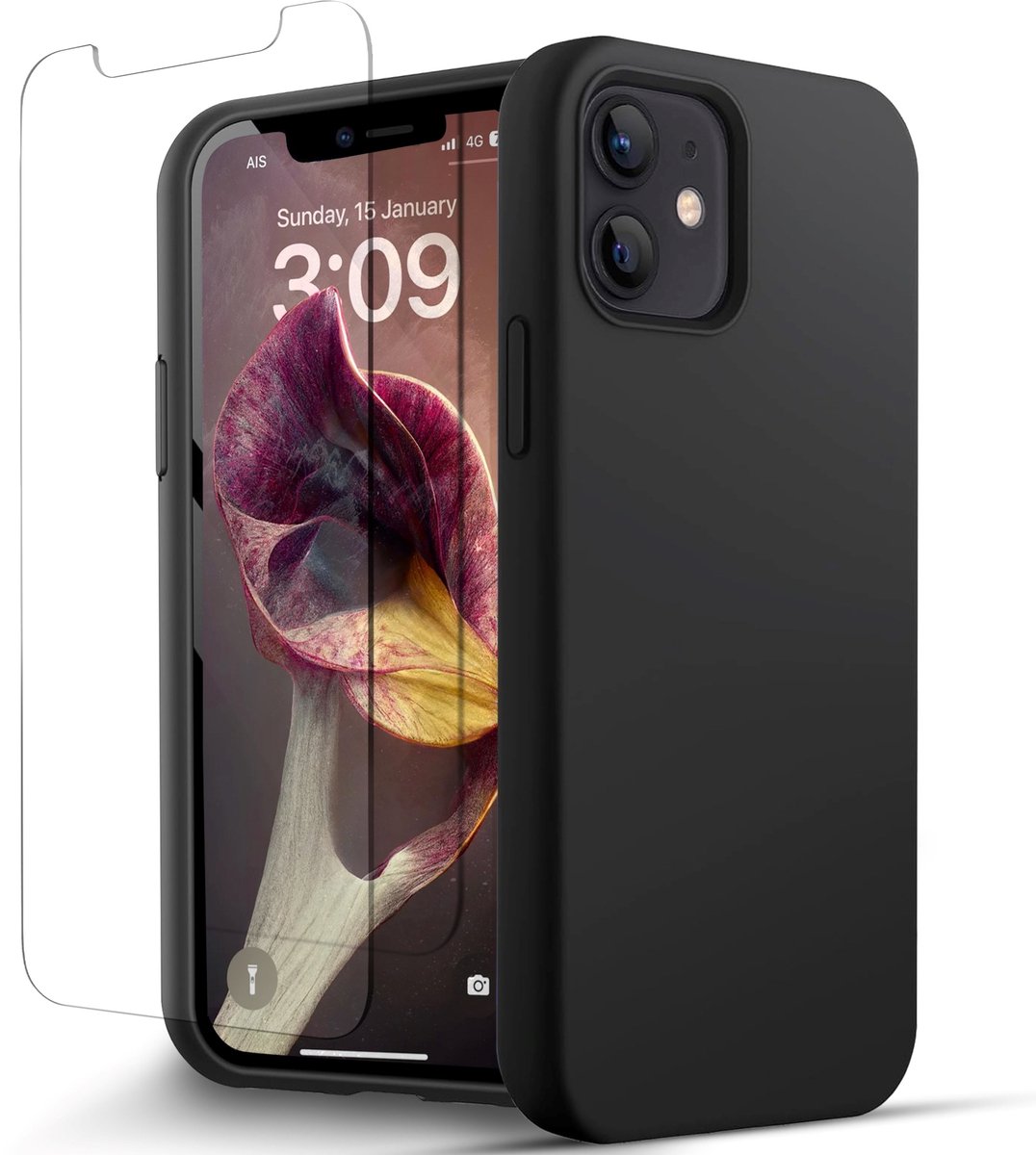 Hoesje Geschikt voor iPhone 12 / 12 Pro Zwart Telefoonhoesje Case Met Screenprotector
