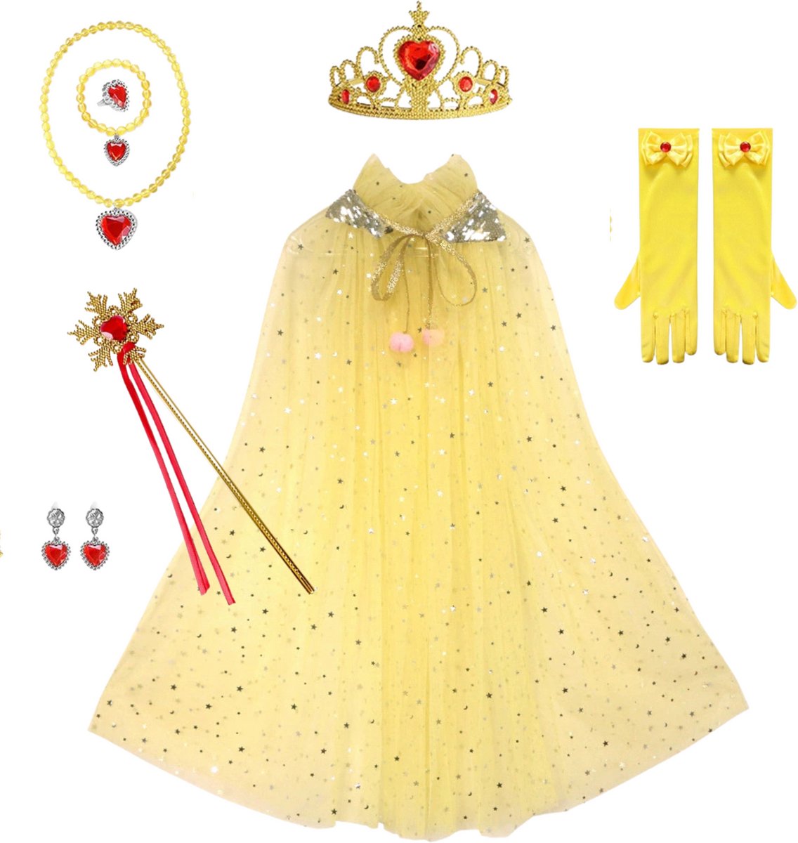Joya Kids® Verkleedcape Accessoires Licht Geel | Prinsessencape | Cape | Unicorn | Verkleedset | Carnvalskleding | Kroon, Staf, Handschoenen Sieradenset