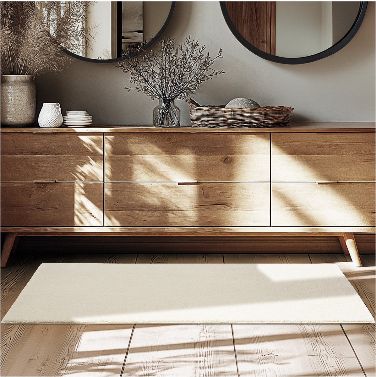 tectake® Kortpolig Vloerkleed - 80 x 150 cm - Beige - 1630 g/m² Poolgewicht - Tapijt voor Woonkamer, Slaapkamer, Eetkamer - Onderhoudsvriendelijk en Wasbaar - Antislip Ondertapijt - Allergievriendelijk - Diverse maten en kleuren
