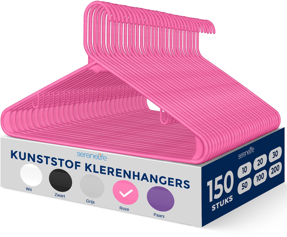 SereneLife Kleerhanger - Plastic Hangers - Antislip Ruimtebesparende Kledinghangers - 150 Stuks - Duurzaam en Sterk voor Hemden, Truien, Hoodies, Kinderkleding en Jurken - Lichtgewicht - Roze