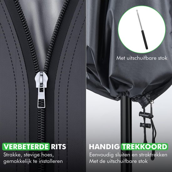 Details van een zwarte parasolhoes: verbeterde rits en handig trekkoord met uitschuifbare stok.