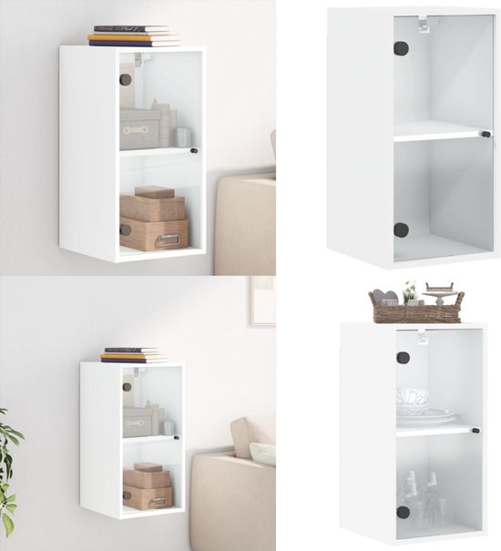 Mobile A Muro VidaXL Con Ante In Vetro, 35x37x68,5 Cm, Bianco - In Legno Multistrato, Portaoggetti Per Parete