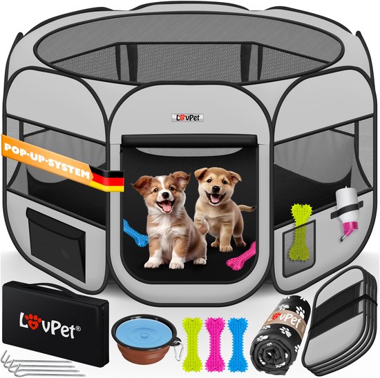 LOVPET® Puppyren voor Kleine Dieren Honden Katten - Opvouwbaar Hondenren inclusief kom en Haringen - Puppy Ren Pop-up Systeem Indoor & Outdoor Konijnenren - Lichtgrijs