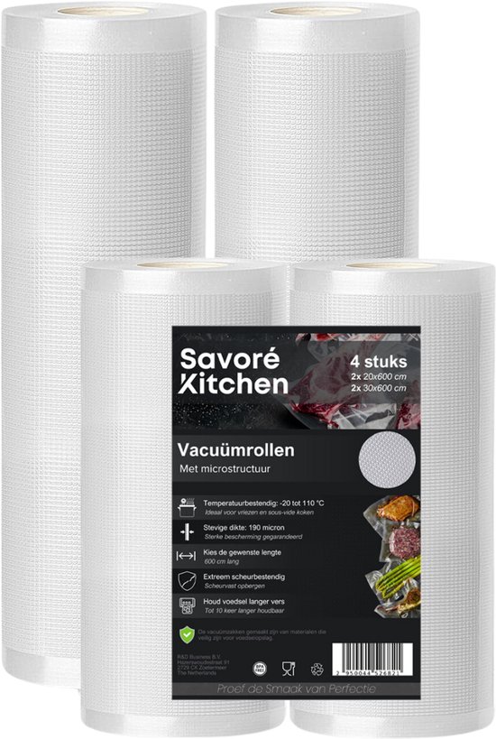 Savoré Kitchen Vacumeerrollen 4 stuks - 20 x 600 & 30 x 600 - Vacuumzakken Voedsel - Vacumeerzakken - Vacuum en sous vide zakken
