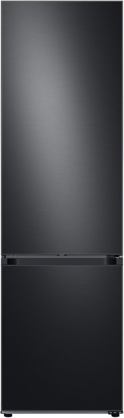 Zwarte Samsung koel-vriescombinatie met geborstelde afwerking, 203 cm hoog, frontaal zicht.
