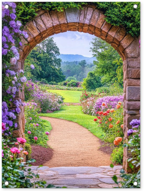 Tuinposter 60x80 cm - Tuindecoratie Doorkijk - Poort - Bloemen - Tuin - Poster voor in de tuin - Buiten decoratie - Schutting tuinschilderij - Tuindoek muurdecoratie - Wanddecoratie balkondoek