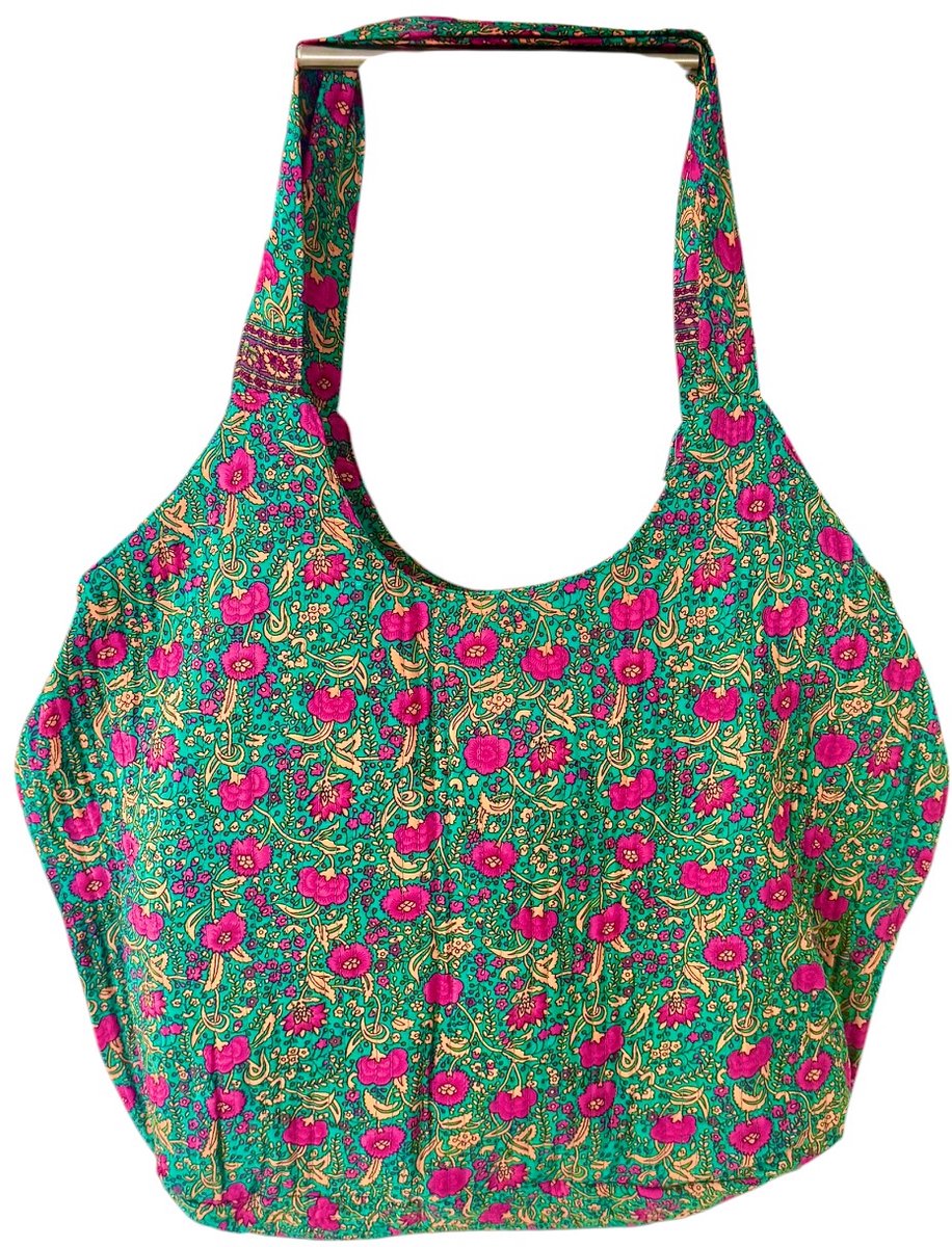Schoudertas Kantha Gestikt Roze Flowers 49x35 cm