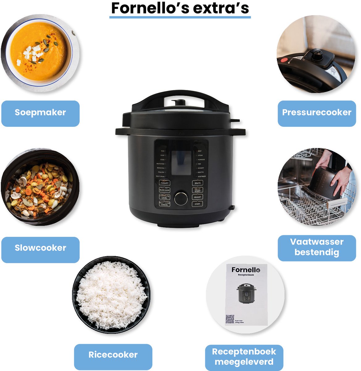 Afbeelding 2 van Fornello Multicooker - Rice Cooker - Slowcooker - Pressure Cooker
