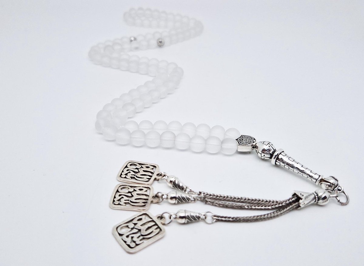Handgemaakte tesbih "Tasbih" natuursteen "Selenite" - Aantal kralen 99 - Diameter kralen 8MM - met metaal tassel "Subhan Allah" - Een mooi cadeau-idee
