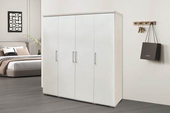 Armoire Interiax «Mila» – 4 Portes, 1 cintre et 6 Étagères | Blanc | 183x160x52cm