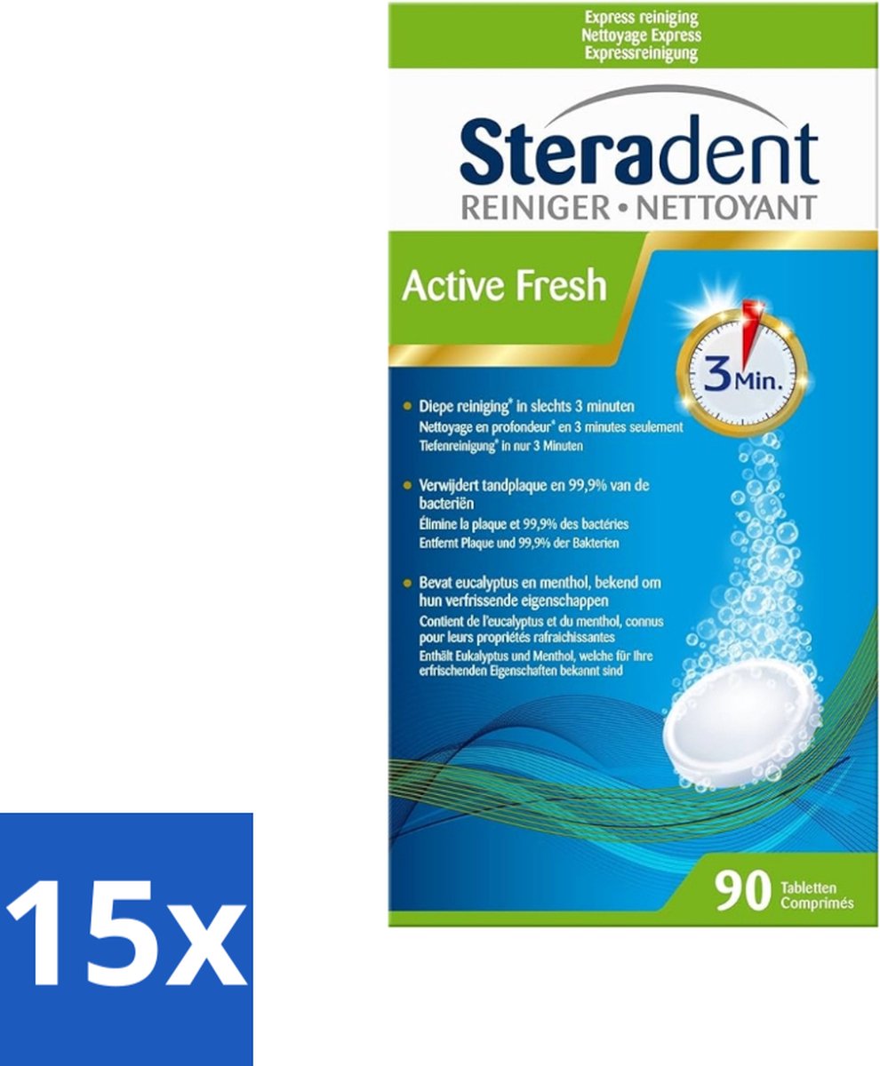 Steradent - Kunstgebitreiniger - Active Fresh - Menthol En Eucalyptus - 90 Tabletten - Bulkverpakking - 15 stuks
