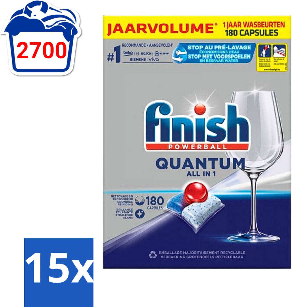 15 x Finish Powerball - Quantum All in 1 - Vaatwastabletten - 180 Tabletten - Vaatwassen - Vaatwastabletten - Vaatwasmiddel - Vaatwasmiddel Tabletten - Vaatwasmiddel Quantum