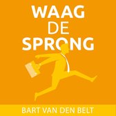 Gele illustratie van een man in pak die springt, met aktetas. Tekst: WAAG DE SPRONG BART VAN DEN BELT.