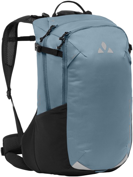 Blauwgrijze rugzak met zwarte banden en mesh, Vaude logo op de voorkant.
