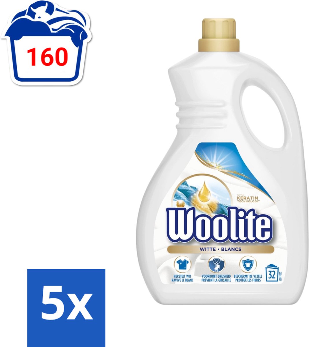 5 x Woolite White - Vloeibaar Wasmiddel - Met Keratine - Witte Was - 32 Wasbeurten - 1,9L - Voordeelverpakking - 5 stuks