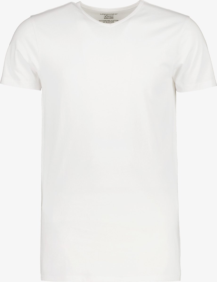 Unsigned heren T-shirt extra lang met v-hals - Wit - Maat S