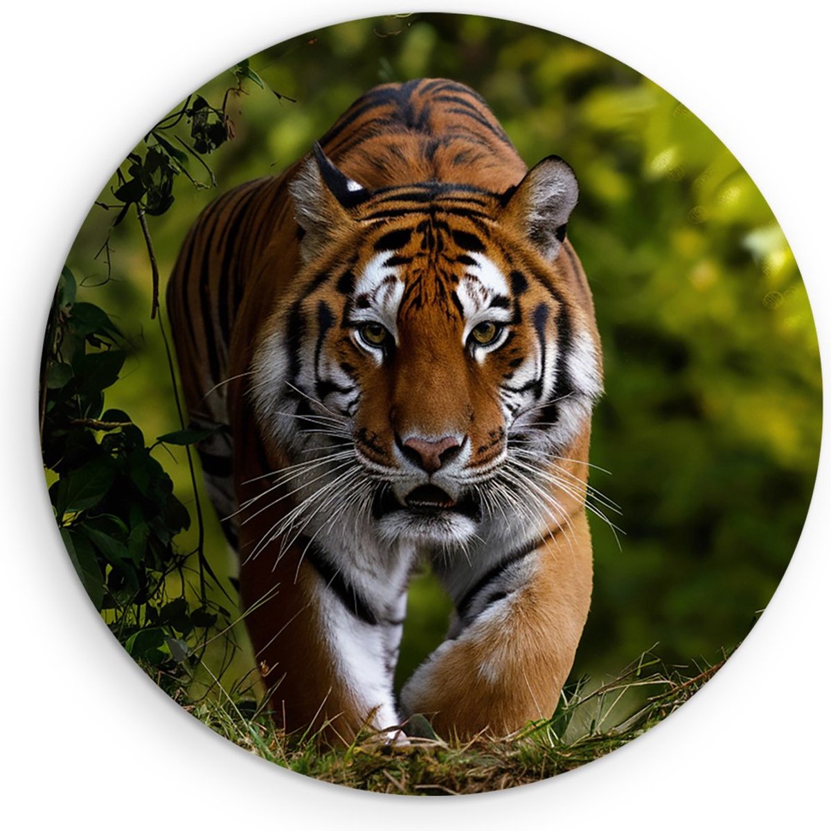 Saammp Muurcirkel Hout - Tijger tussen de bladeren - Natuur - Dieren - Ø 90 - Wandcirkel - Wanddecoratie Cirkel - muurdecoratie Woonkamer - Slaapkamer decoratie - Rond Schilderij