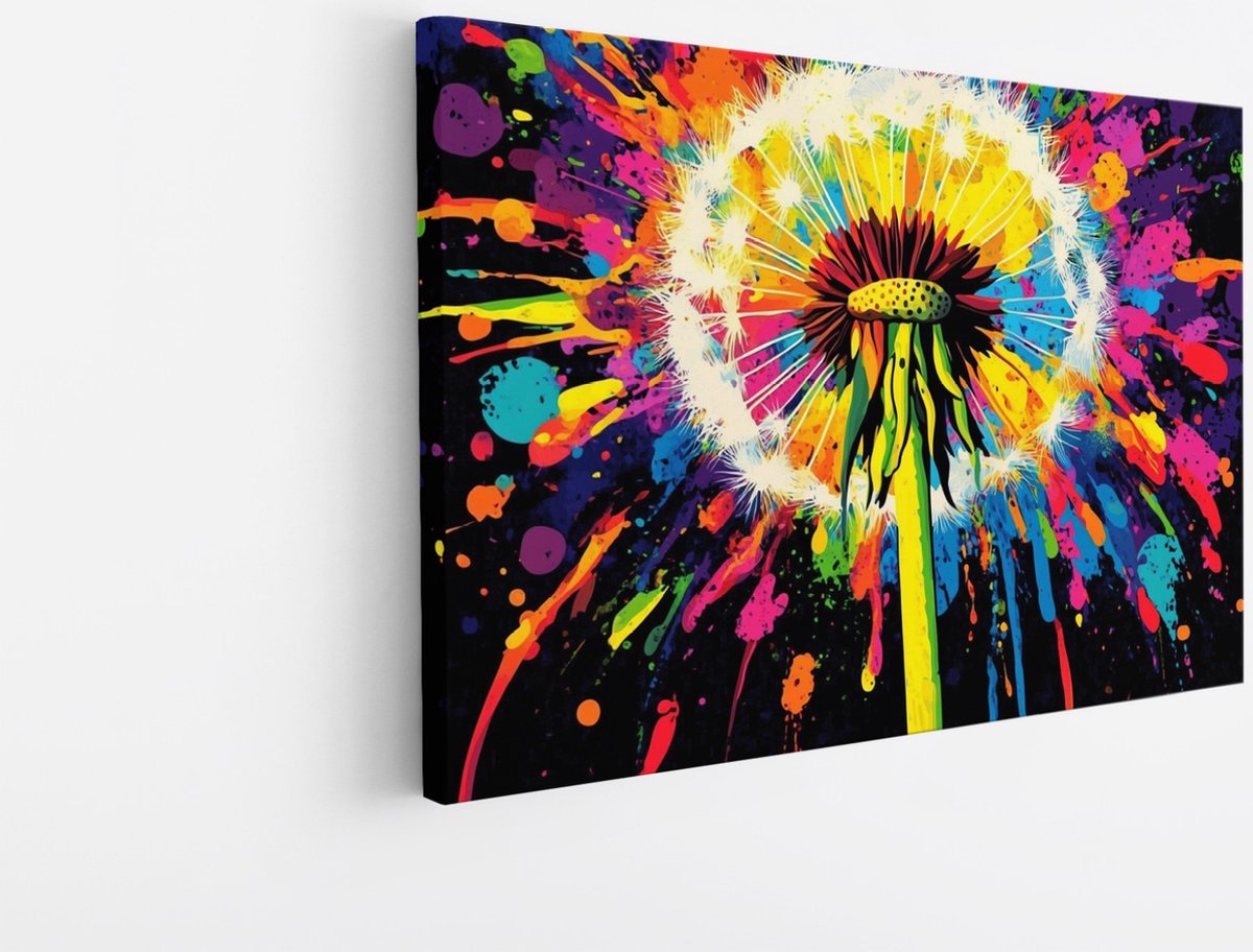 Saammp Canvas Schilderij - Kleurrijke Paardenbloem met verfspetters - Natuur - Abstract - 30x20 - Foto op canvas - Wanddecoratie - Muurdecoratie Woonkamer - Woonkamer Decoratie Multicolor