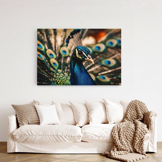 Gros plan d'un paon à queue déployée dans des tons vifs de bleu et de vert, suspendu au-dessus d'un canapé blanc.