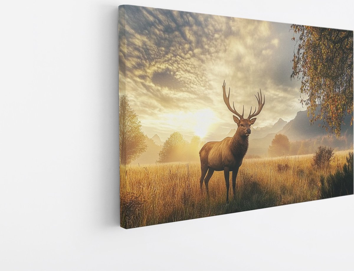 Saammp Canvas Schilderij - Hert in mooie omgeving - Natuur - Dieren - 120x80 - Foto op canvas - Wanddecoratie - Muurdecoratie Woonkamer - Slaapkamer decoratie - Canvas Print Multicolor