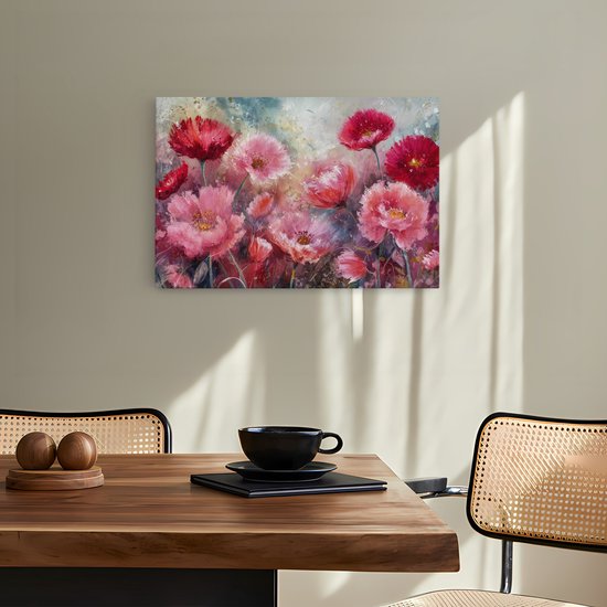 Saammp Canvas Schilderij - Roze met rode bloemen - Abstract - 30x20 - Foto op canvas - Wanddecoratie - Muurdecoratie Woonkamer - Kantoor Decoratie