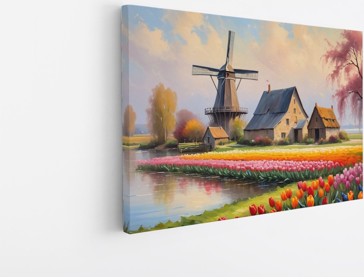 Saammp Canvas Schilderij - Landschap - Abstracte molen met tulpen - Natuur - 40x30 - Foto op canvas - Wanddecoratie - Muurdecoratie Woonkamer - Slaapkamer decoratie - Canvas Print Multicolor