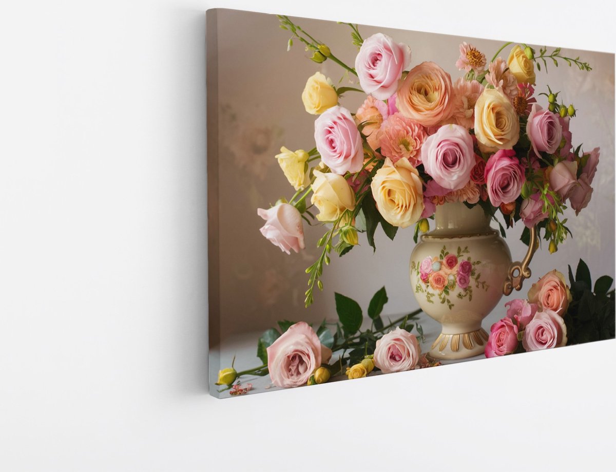 Saammp Canvas Schilderij - Roze Bloemen in mooie vaas - Abstract - 45x30 - Foto op canvas - Wanddecoratie - Muurdecoratie Woonkamer - Kantoor Decoratie Multicolor
