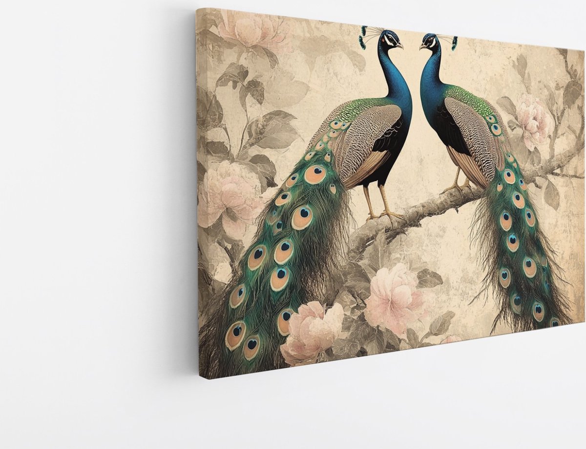 Saammp Canvas Schilderij - 2 Pauwen - Vintage - Dieren - Natuur - 45x30 - Foto op canvas - Wanddecoratie - muurdecoratie Woonkamer - Slaapkamer decoratie - Canvas Print Multicolor
