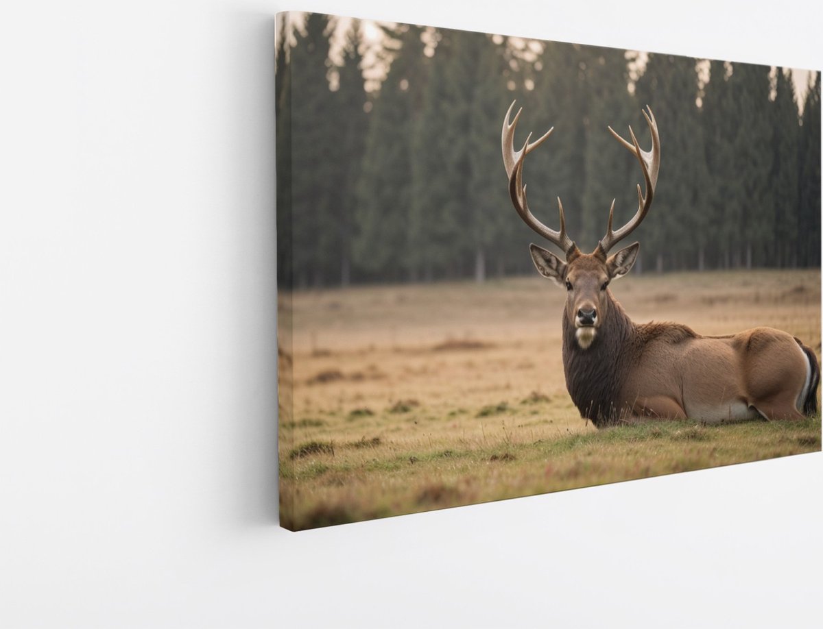 Saammp Canvas Schilderij - Liggend Hert in de wei - Natuur - Dieren - 100x75 - Foto op canvas - Wanddecoratie - Muurdecoratie Woonkamer - Slaapkamer decoratie - Canvas Print Multicolor