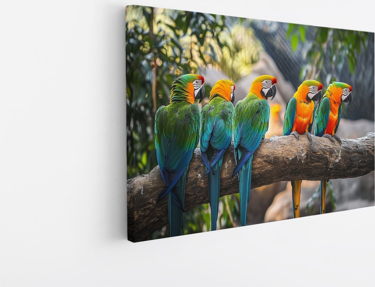 Saammp Canvas Schilderij - 5 papegaaien op tak - Dieren - Bloemen - 30x20 - Foto op canvas - Wanddecoratie - muurdecoratie Woonkamer - Slaapkamer decoratie - Canvas Print Multicolor