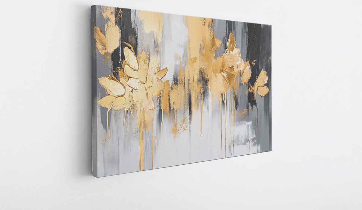 Saammp Canvas Schilderij - Goud grijs penseelstreken - Abstract kunstwerk - 50x40 - Foto op canvas - Wanddecoratie - Muurdecoratie Woonkamer - Slaapkamer decoratie - Canvas Print Multicolor