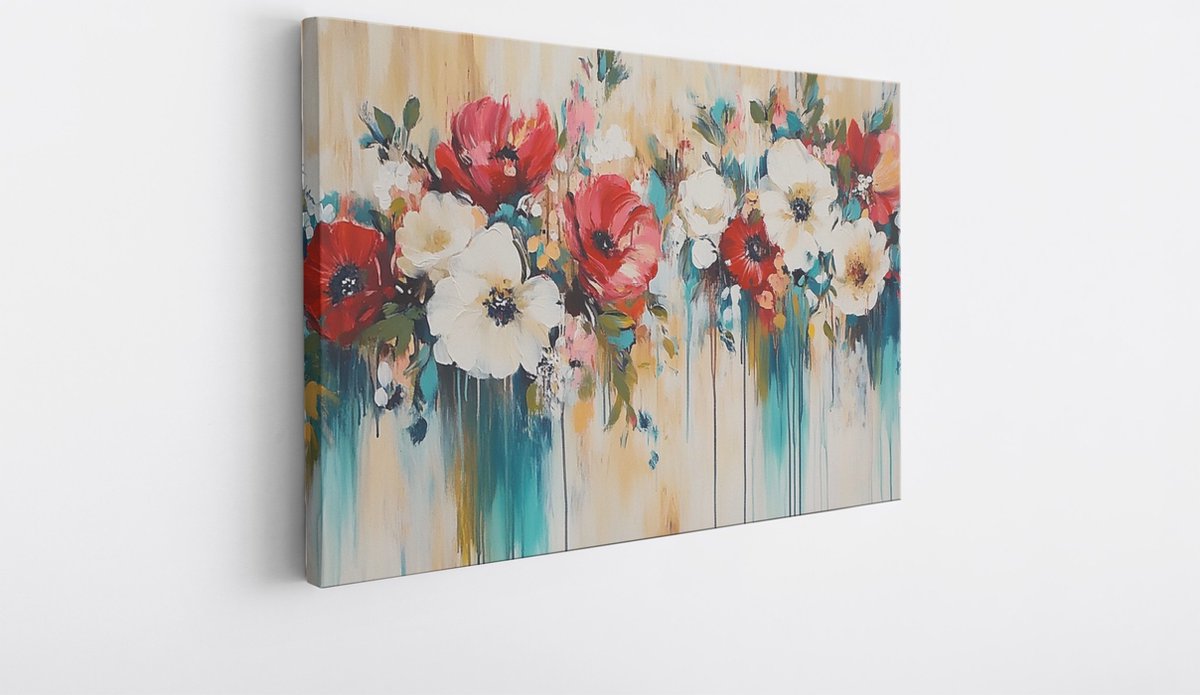 Saammp Canvas Schilderij - Bloemen met lekkend verf- Abstract kunstwerk - 120x80 - Foto op canvas - Wanddecoratie - Muurdecoratie Woonkamer - Slaapkamer decoratie - Canvas Print Multicolor