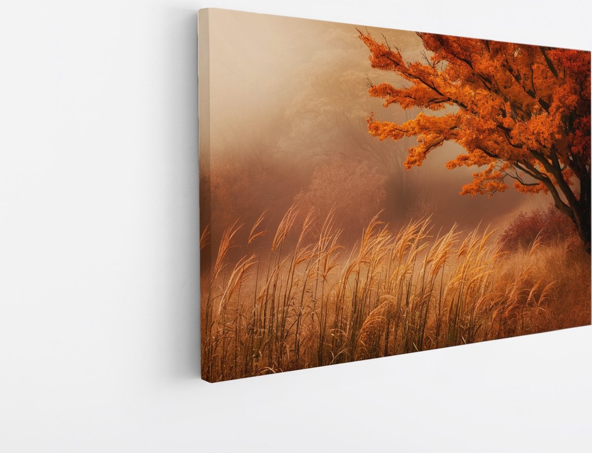 Saammp Canvas Schilderij - Bos tijdens de herfst - Landschap - graan - Natuur - 150x100 - Foto op canvas - Wanddecoratie - Muurdecoratie Woonkamer - Slaapkamer decoratie - Canvas Print Multicolor