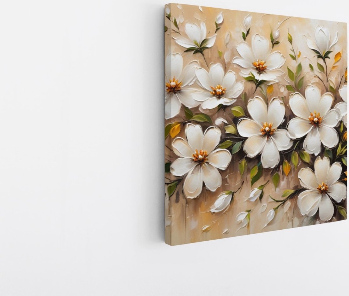 Saammp Canvas Schilderij - bos Witte Bloemen - Beige - Abstract - 20x20 - Foto op canvas - Wanddecoratie - Muurdecoratie Woonkamer - Kantoor Decoratie Multicolor