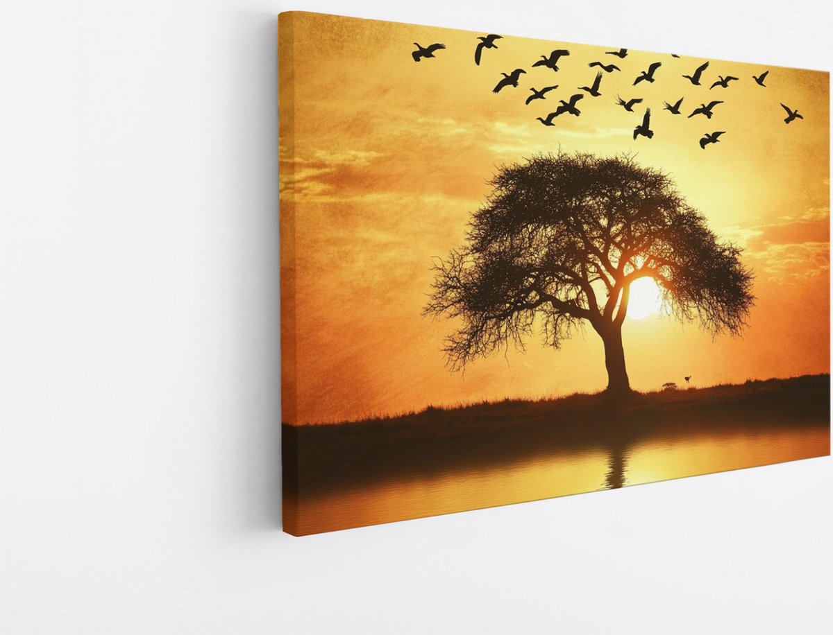 Saammp Canvas Schilderij - Vogel bij boom - Dieren - Bloemen - 90x60 - Foto op canvas - Wanddecoratie - muurdecoratie Woonkamer - Slaapkamer decoratie - Canvas Print Multicolor